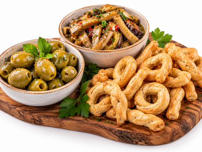 Olive Verdi, Melanzane e Taralli – Il Tris Mediterraneo -Grüne Oliven, Auberginen und Taralli – Das mediterrane Trio