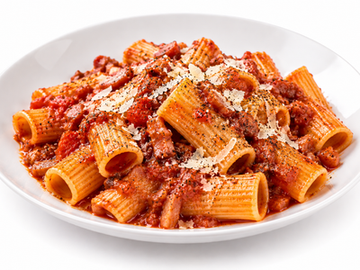Rigatoni all'Amatriciana – mit Tomate, Guanciale und Pecorino