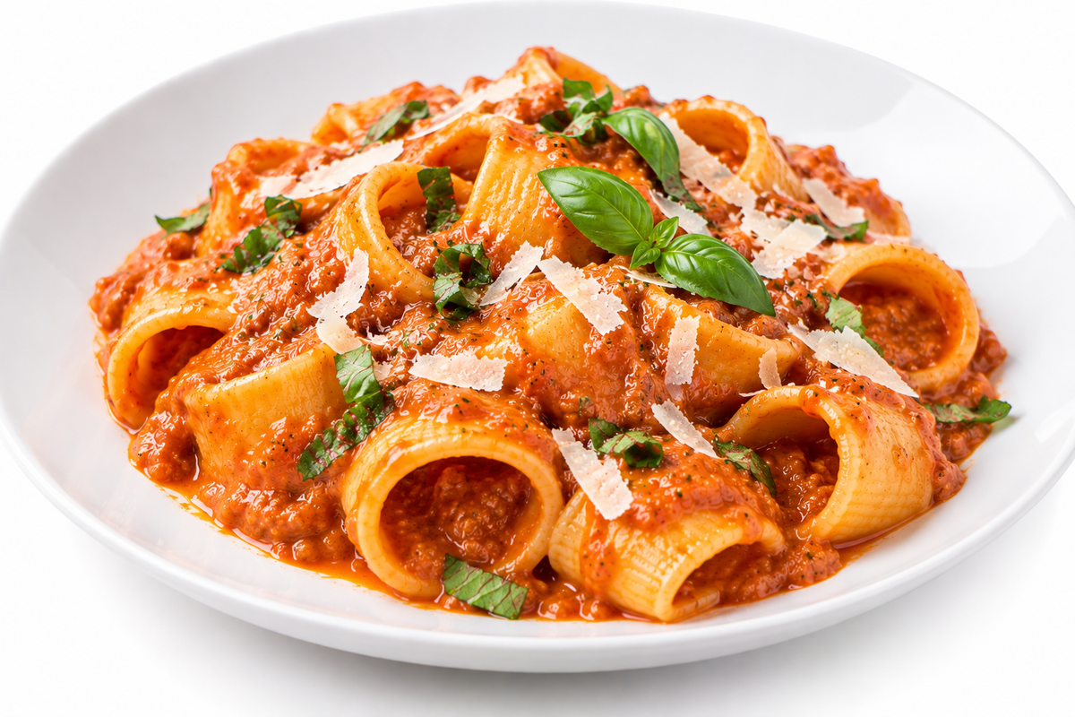 Calamarata mit Auberginen-Sugo und Ricotta Salata