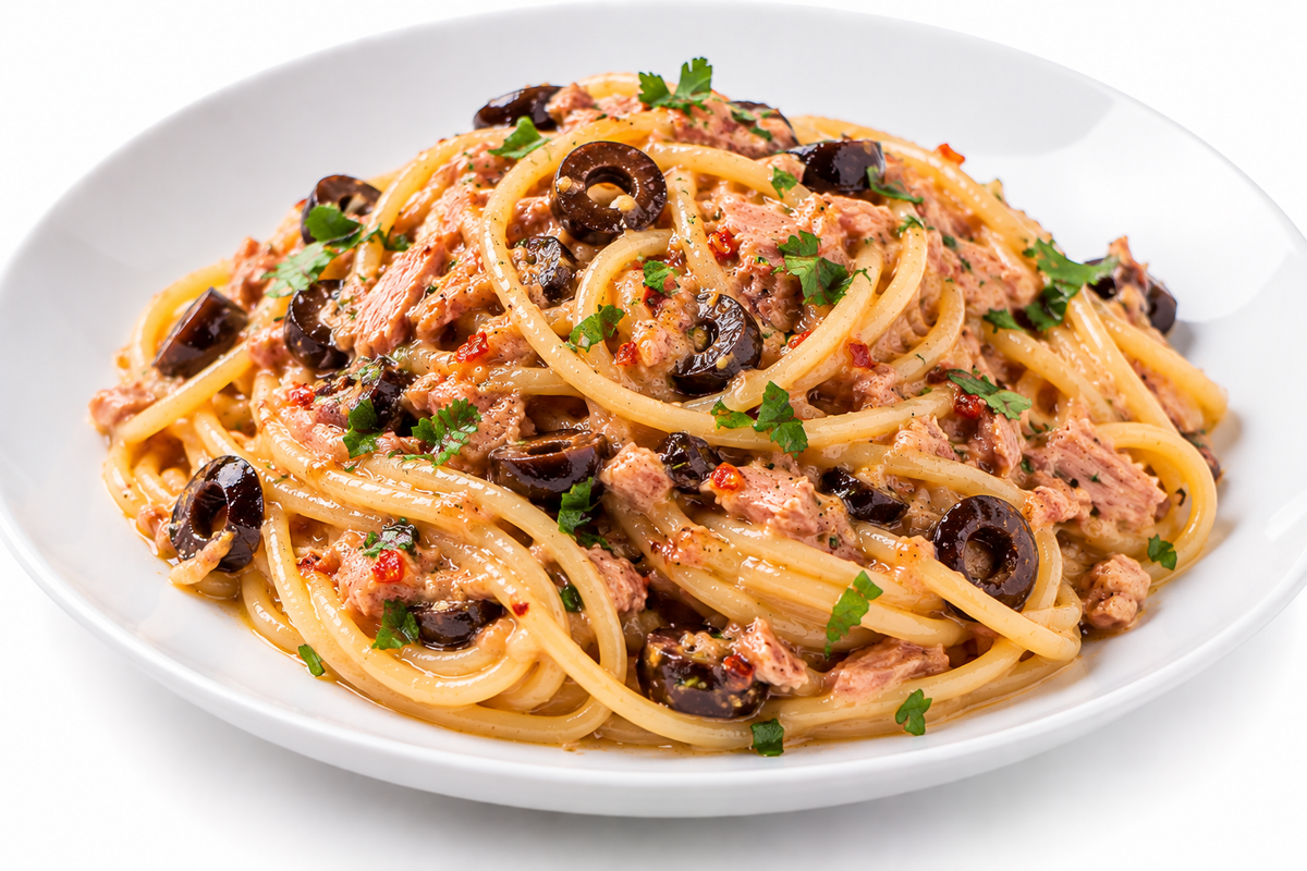 Pasta mit Thunfisch-Pesto, Oliven und Zitrone