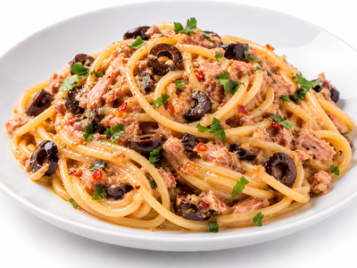 Pasta mit Thunfisch-Pesto, Oliven und Zitrone