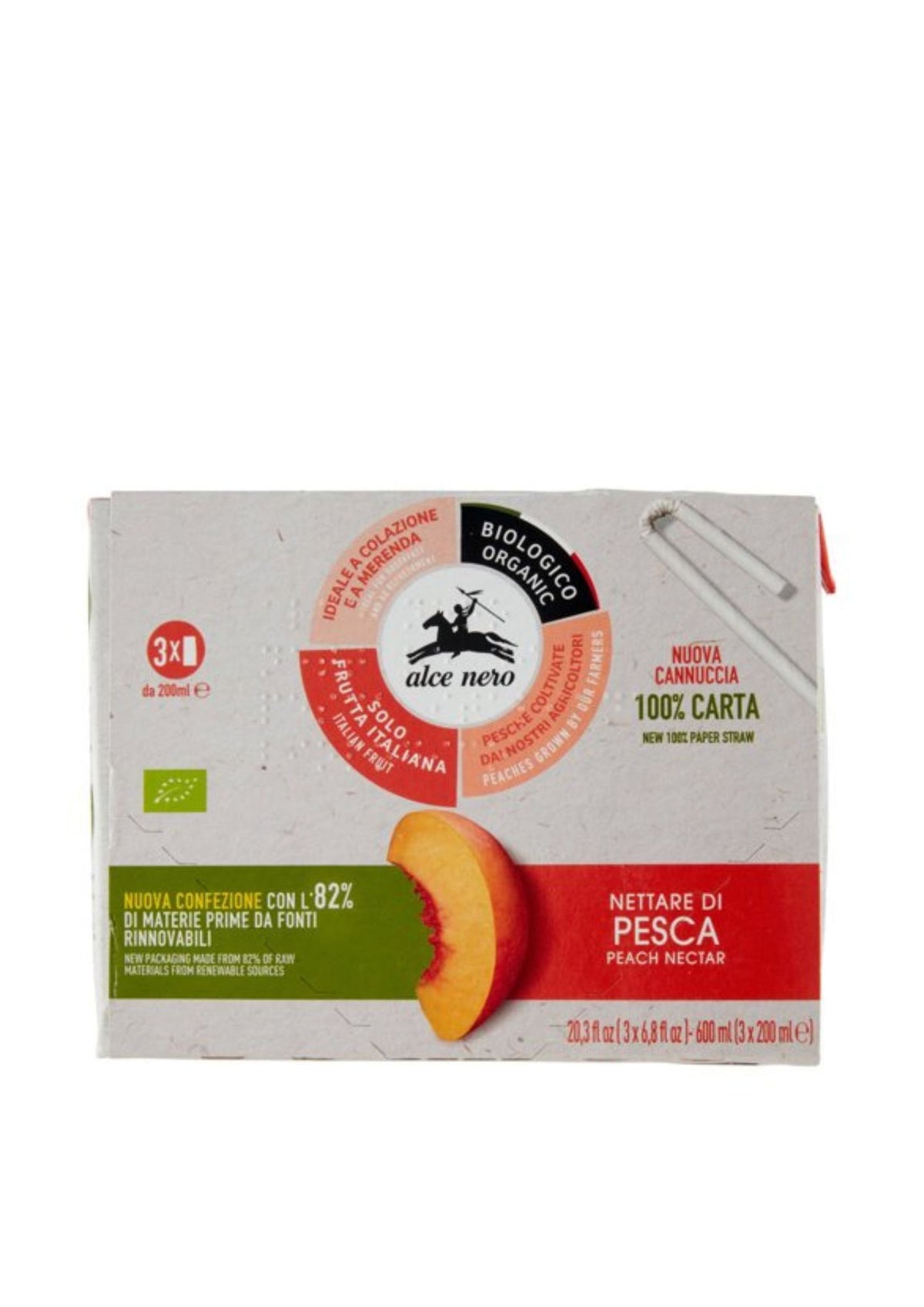 Alce Nero Bio Nettare di Pesca (3er-Pack / 3 x 200ml) mit Strohhalm – Bio-Pfirsichnektar – 100% italienische Bio-Früchte