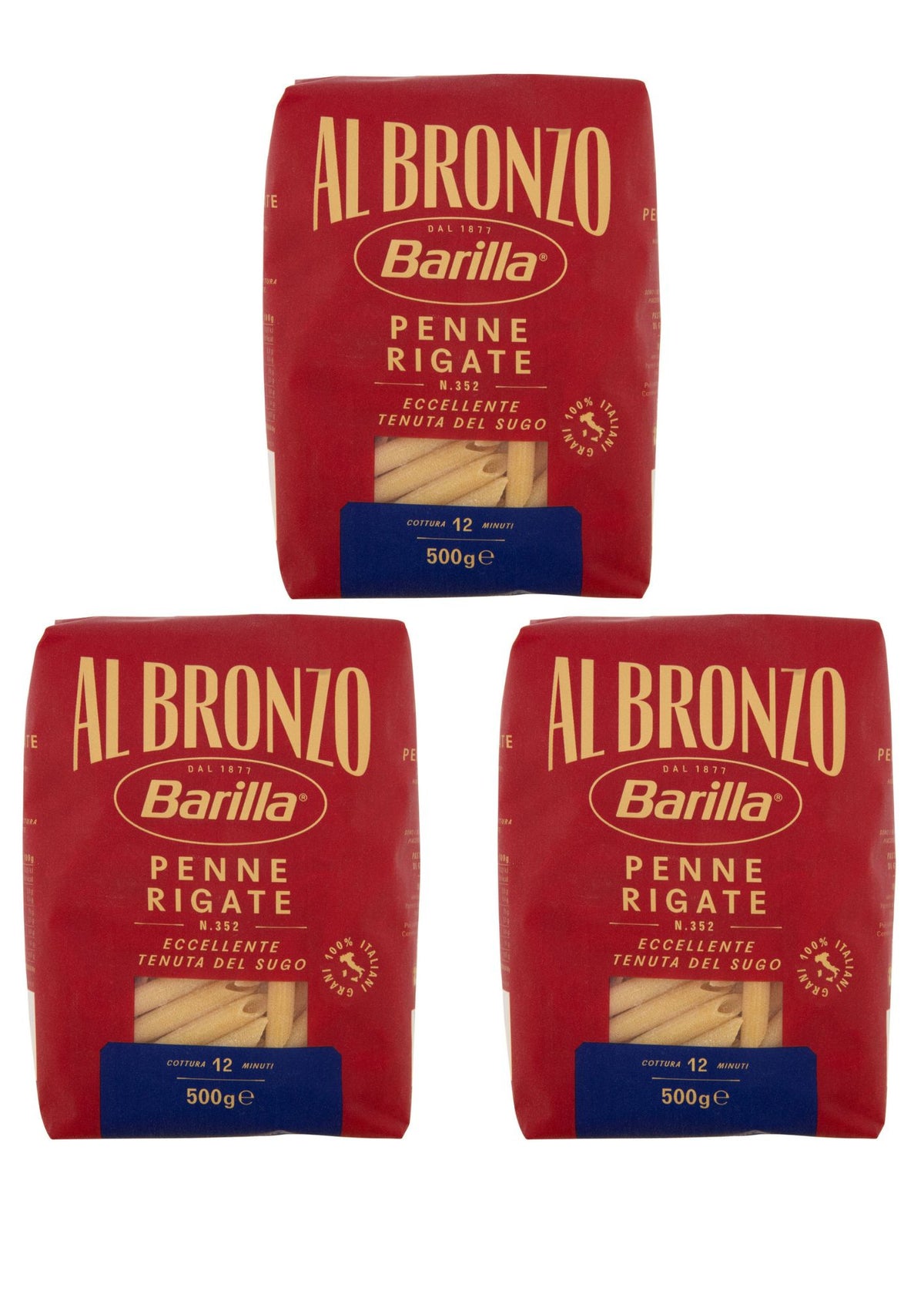 Barilla Al Bronzo Penne Rigate (3 x 500g) – Pasta aus der Emilia-Romagna – italienisch Original