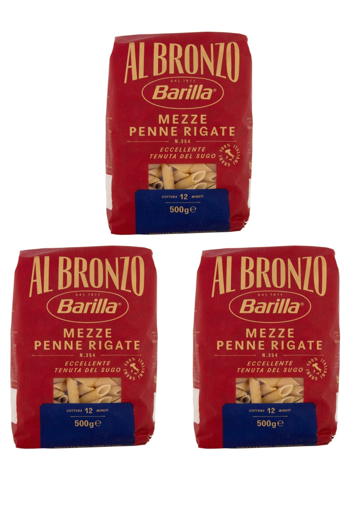 Barilla Al Bronzo Mezze Penne Rigate (3 x 500g) – Pasta aus der Emilia-Romagna – italienisch Original