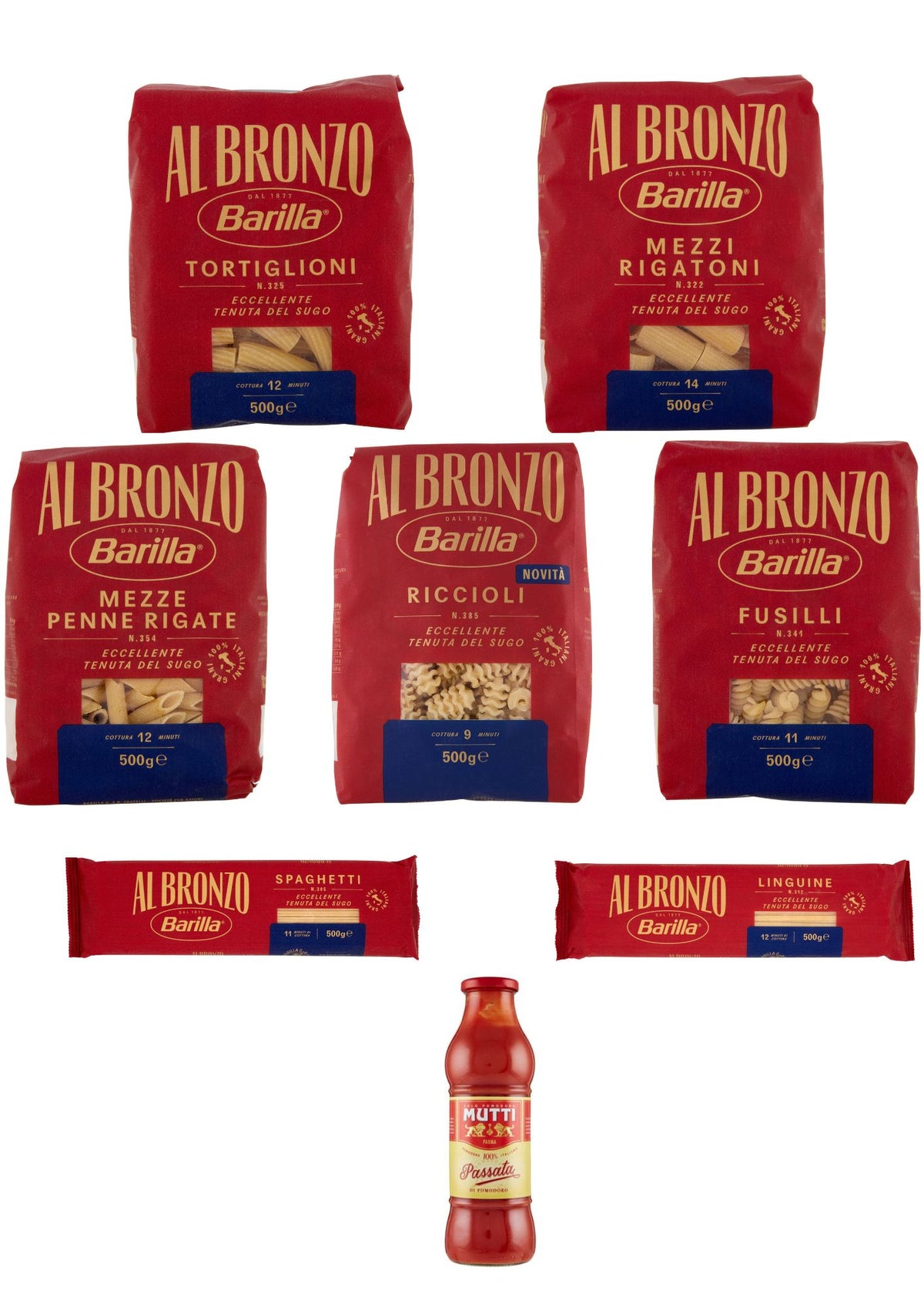 Barilla Al Bronzo Chef Tasting Mix (8 x 500g) + GRATIS Mutti Passata (700g)  – italienisch Original