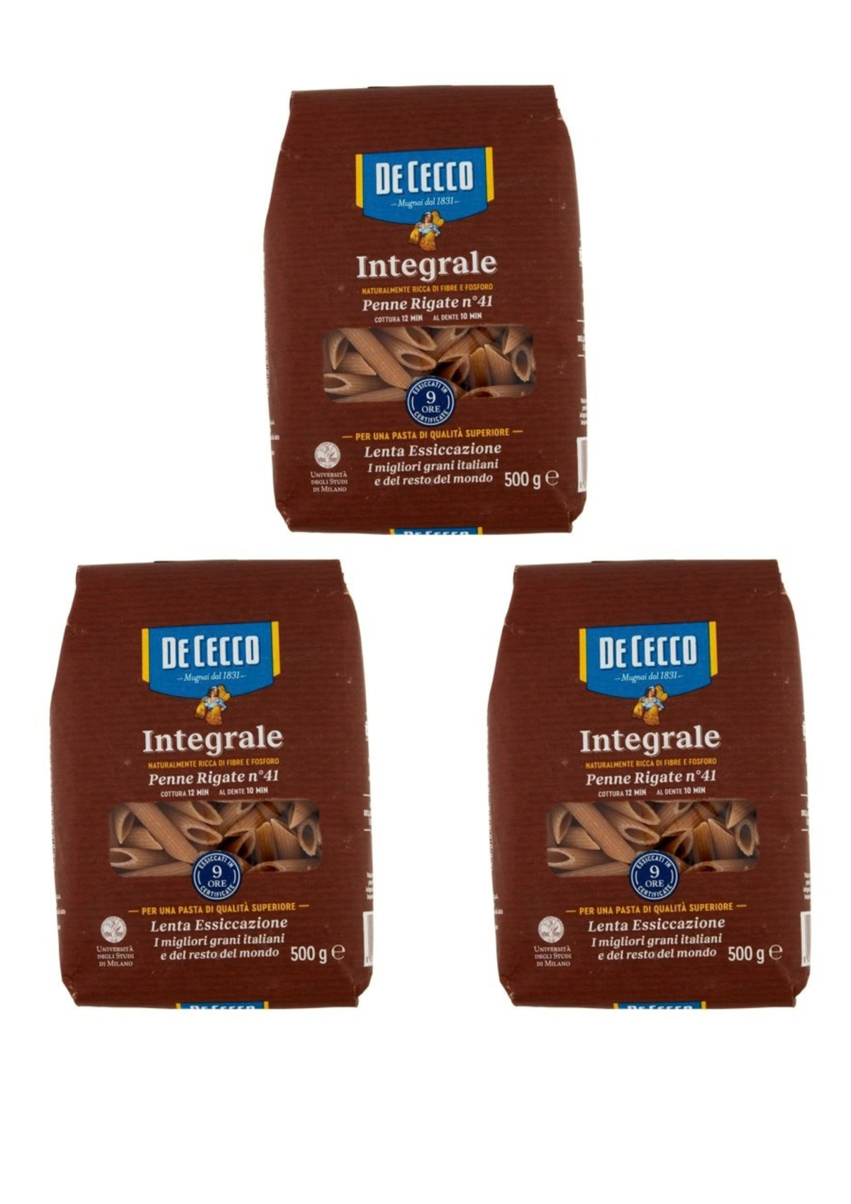 De Cecco Integrale Penne Rigate N° 41 (3er-Pack / 3 x 500g) – Vollkorn-Pasta aus den Abruzzen – italienisch Original
