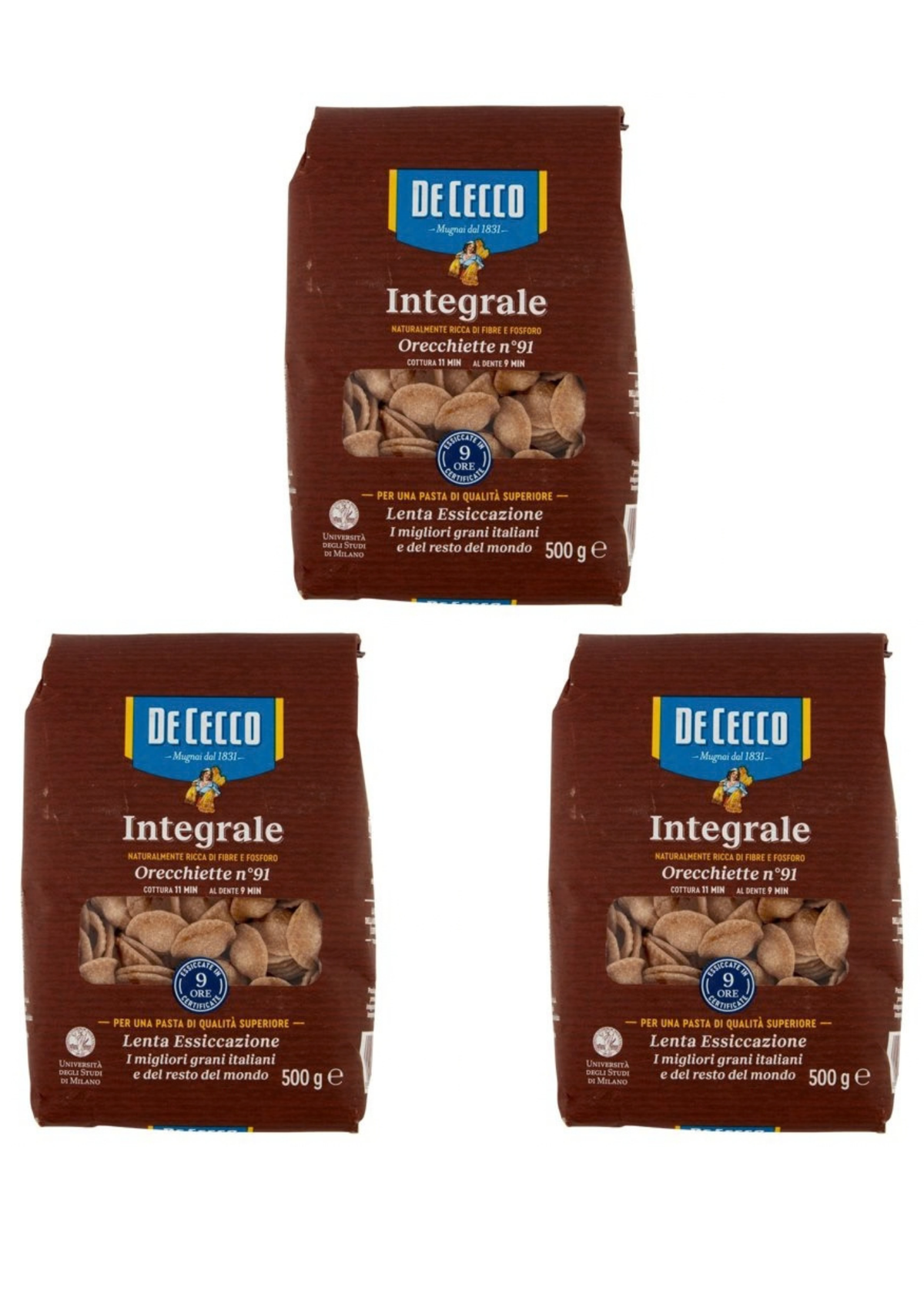 De Cecco Integrale Orecchiette N° 91 (3er-Pack / 3 x 500g) – Vollkorn-Pasta aus den Abruzzen – italienisch Original
