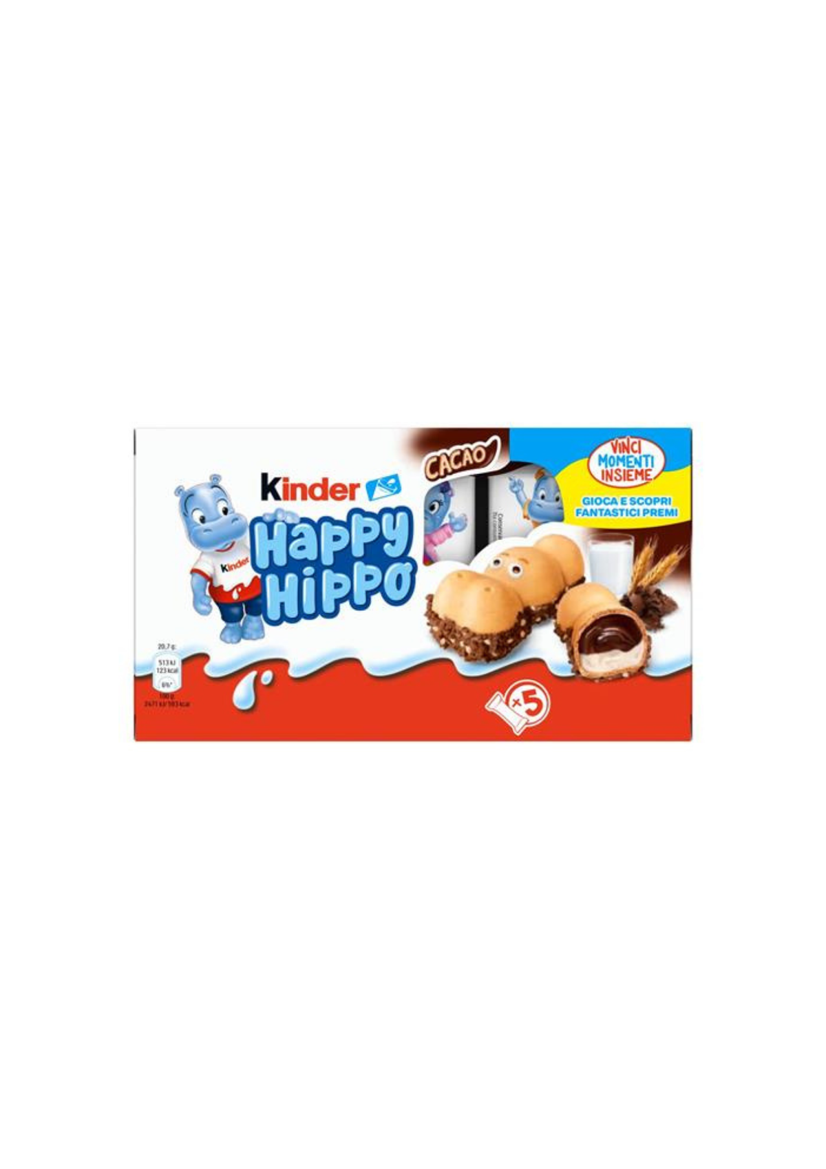 Kinder Happy Hippo Cacao – Knuspriger Kakao-Waffelsnack mit cremiger Füllung- italienisch Original-(5er-Pack) – 5 × 20,7 g