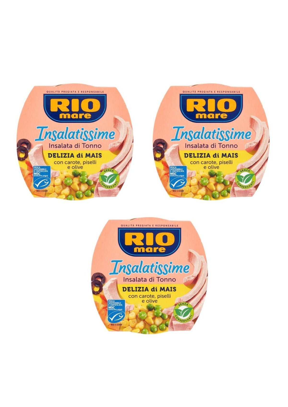 Rio Mare Thunfischsalat mit Mais, Karotten, Erbsen und schwarzen Oliven – italienisch Original – 3er-pack - 3 x160 g